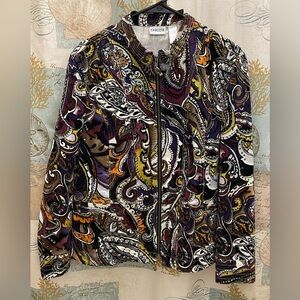 Chico’s Graphic Print Corduroy Paisley Bold Colorful Jacket Zip Faux Pockets2 Lg